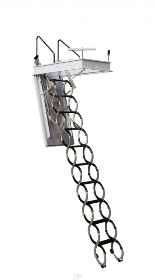 Skládací nerezové stahovací půdní schody JAP s dřevěným rámem a zábradlím.